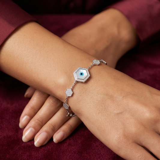 Mystic Hexagon Evil Eye Pavé 925 Sterling Silver Bracelet