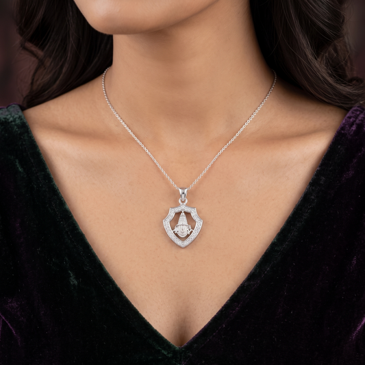 Tirupati Balaji Shield Pendant with Zirconia Halo in 925 Sterling Silver