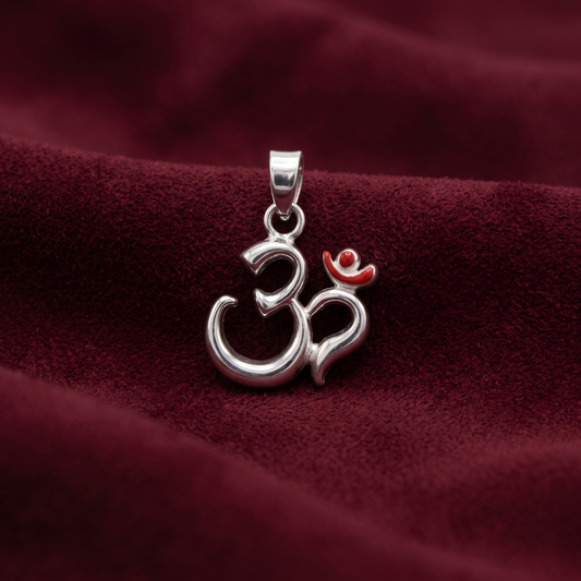 Ananta Minimalist Om Silver Pendant with Crimson Tilak in 925 Sterling Silver