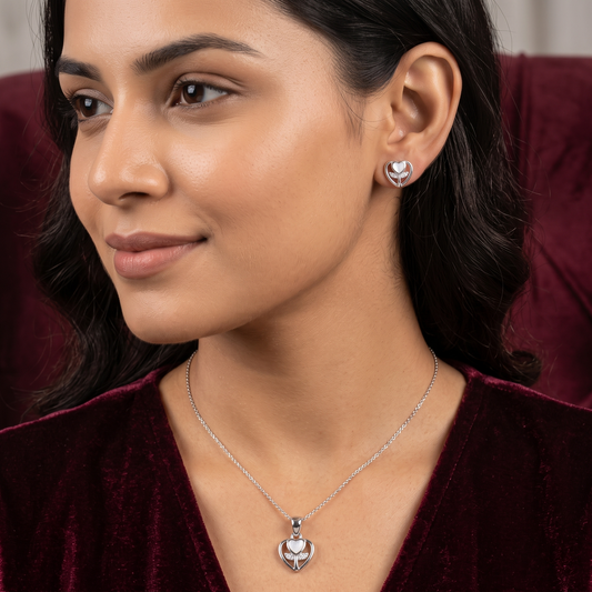 Blooming Heart Pearlescent 925 Silver Pendant & Earring Set