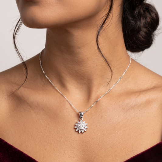 Radiant Starburst Floral Pendant 925 Silver Necklace