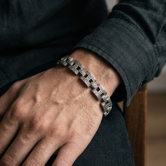 Imperia Engraved H-Link Statement Bracelet in 925 Sterling Silver