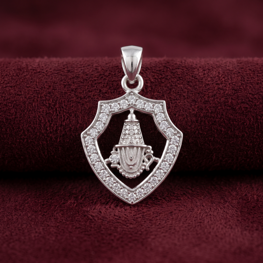 Tirupati Balaji Shield Pendant with Zirconia Halo in 925 Sterling Silver