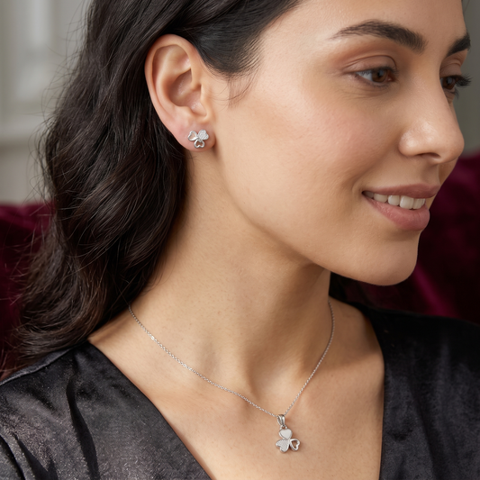 Trinity Heart Clover 925 Silver Pendant & Earring Set