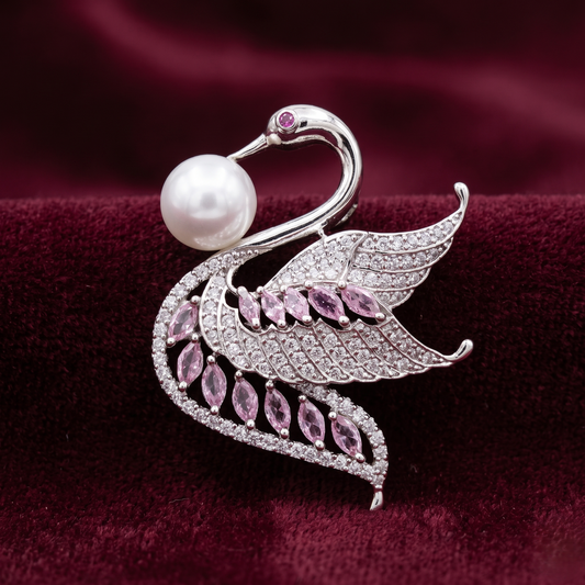 Majestic Pearl & Pink Crystal Swan 925 Silver Brooch