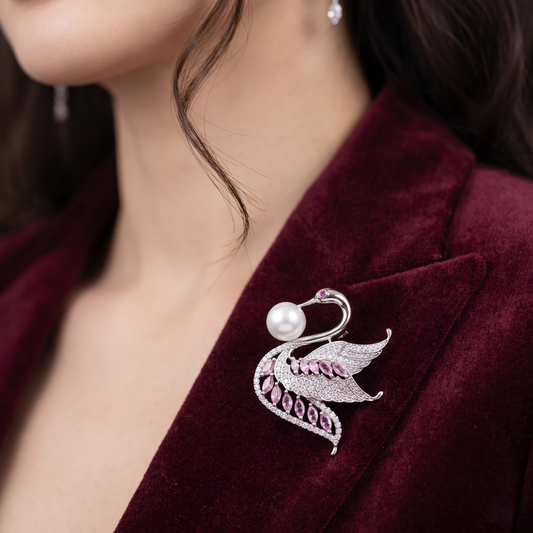 Majestic Pearl & Pink Crystal Swan 925 Silver Brooch