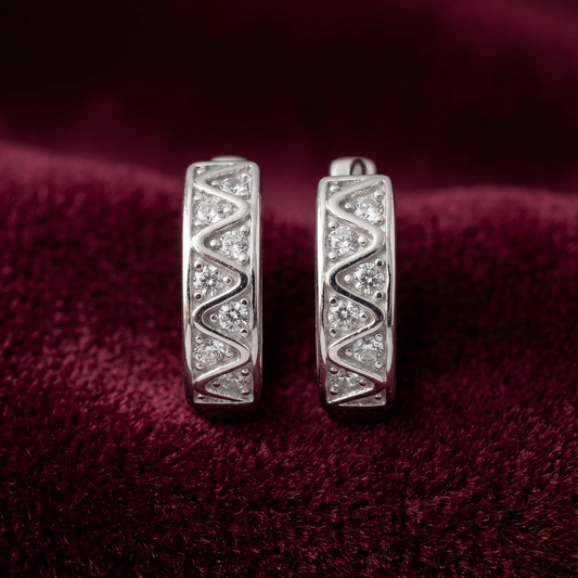 Sparkling Zigzag Wave 925 Sterling Silver Hoop Earrings