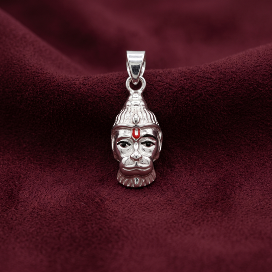Veer Hanuman Face Silver Pendant with Vermilion Tilak in 925 Sterling Silver