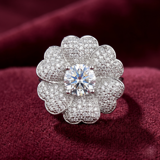Empress Camellia Pavé Blossom Cocktail Ring – Premium 925 Silver