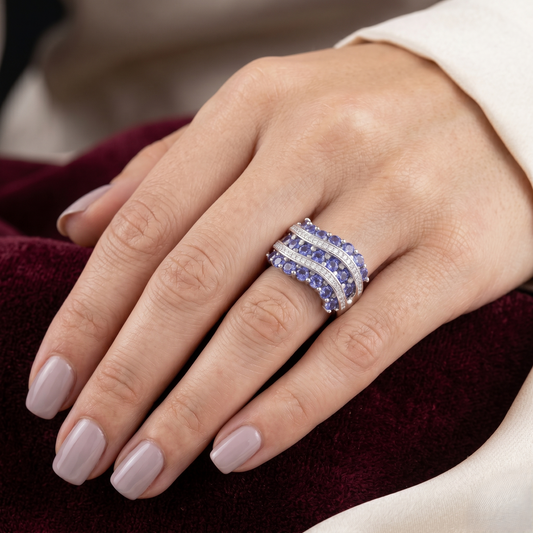 Imperial Wave Tanzanite & Diamond Statement Adjustable Band – Premium 925 Silver
