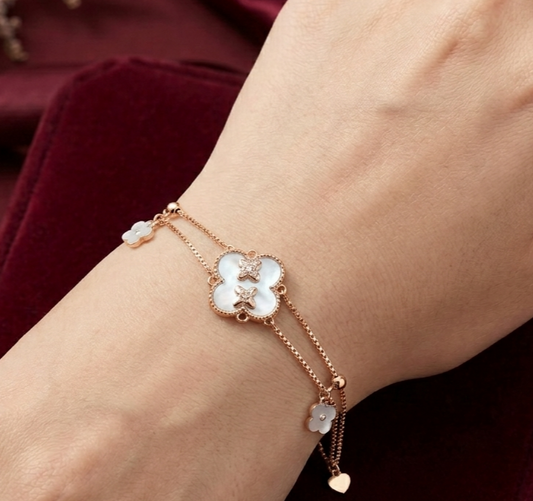 Royal Pearlescent Clover Double-Chain 925 Silver Bracelet