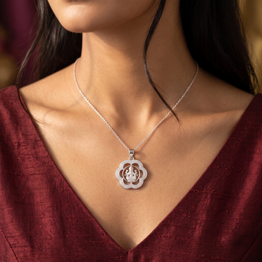 Shri Lakshmi Lotus Medallion Pendant with Zirconia Halo in 925 Sterling Silver