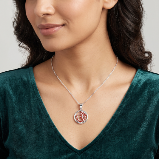 Tejas Crimson Enamel Om Open Circle Pendant in 925 Sterling Silver