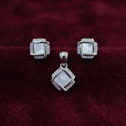 Radiant Square Pearlescent 925 Silver Pendant & Earring Set