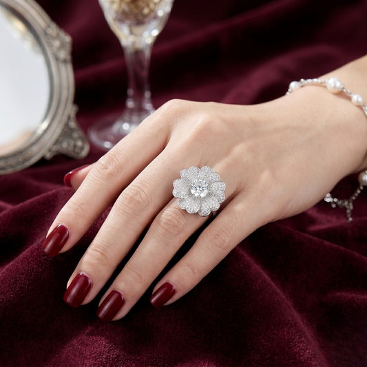 Empress Camellia Pavé Blossom Cocktail Ring – Premium 925 Silver