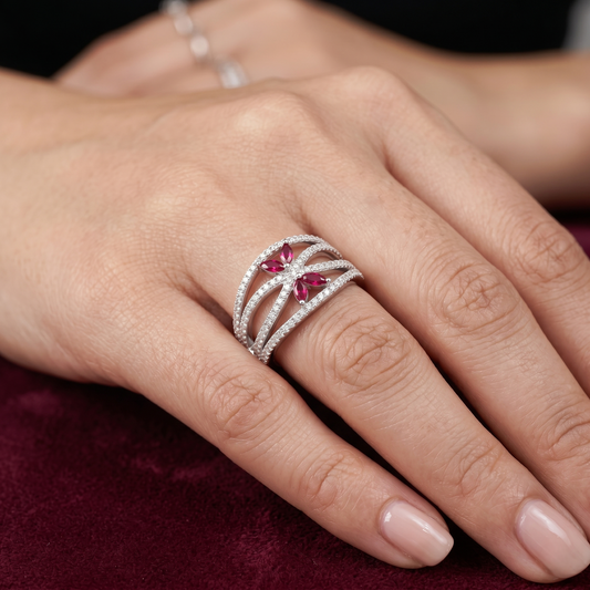 Meridian Ruby Butterfly Openwork Statement Ring – Premium 925 Silver