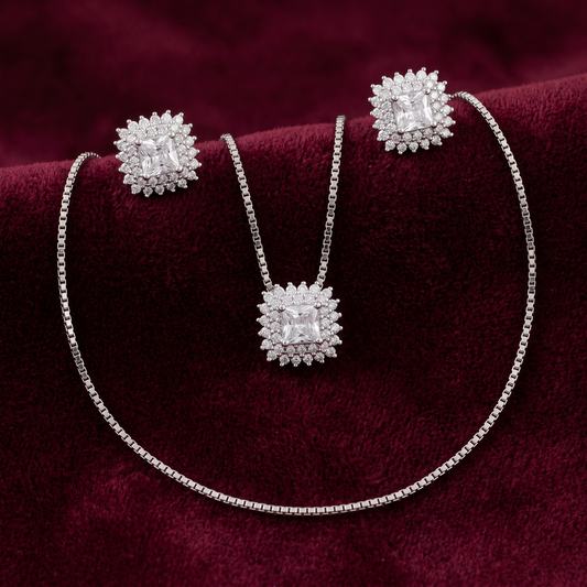 Brilliant Square Halo 925 Silver Pendant & Earring Set
