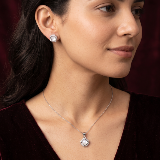 Radiant Square Pearlescent 925 Silver Pendant & Earring Set