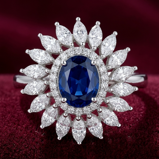 Royal Sunburst Sapphire Sunflower Cocktail Ring – Premium 925 Silver