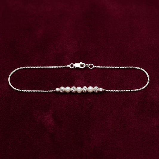 Luminescent Pearl & Textured Bead 925 Sterling Silver Anklet