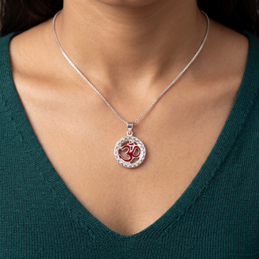 Prana Crimson Enamel Om Medallion Pendant in 925 Sterling Silver