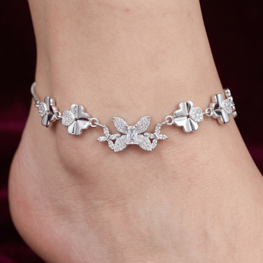 Majestic Butterfly & Clover Charm 925 Silver Anklet
