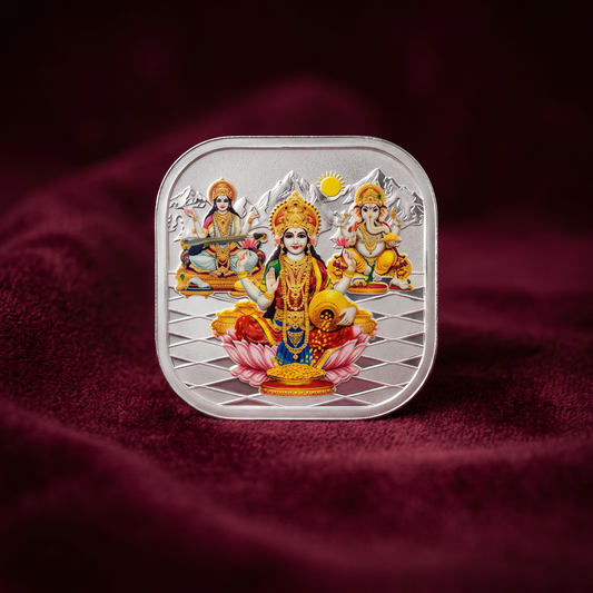 999 Pure Silver Coloured Laxmi, Ganesh & Saraswati Square 20 Gm Coin Bar