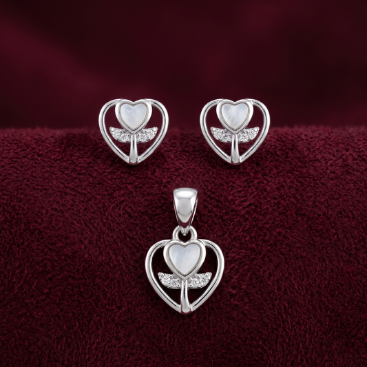 Blooming Heart Pearlescent 925 Silver Pendant & Earring Set