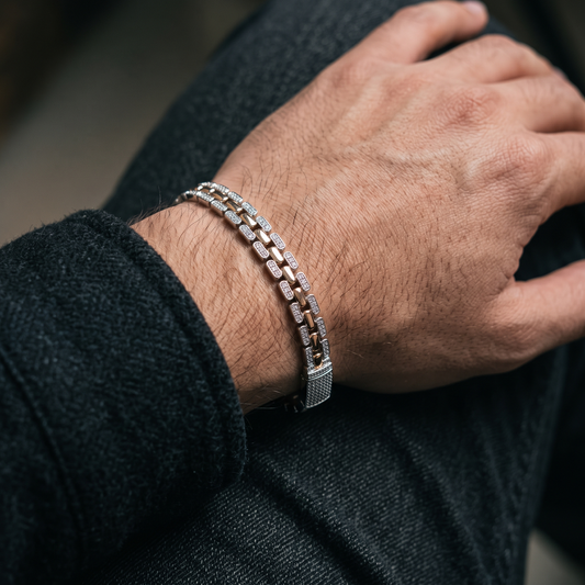 Dual-Tone Pavé & Rose Gold Accent 925 Sterling Silver Men's Bracelet
