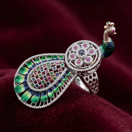 Imperial Royal Peacock Meenakari Statement Ring – Premium 925 Silver