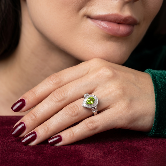 Imperial Deco Peridot Teardrop Cocktail Ring – Premium 925 Silver