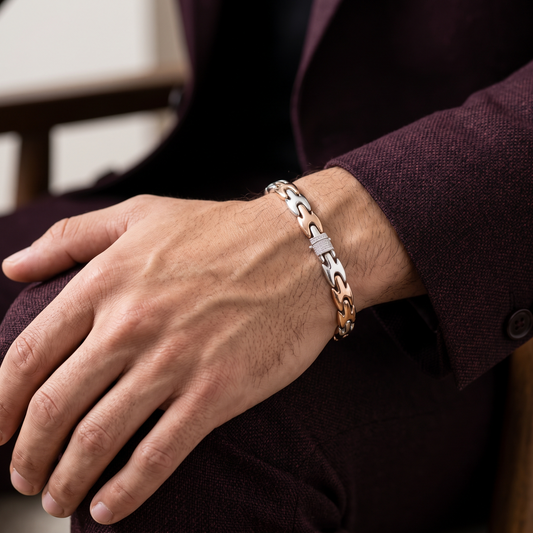 Apex Dual-Tone Interlocking Link 925 Sterling Silver Men's Bracelet