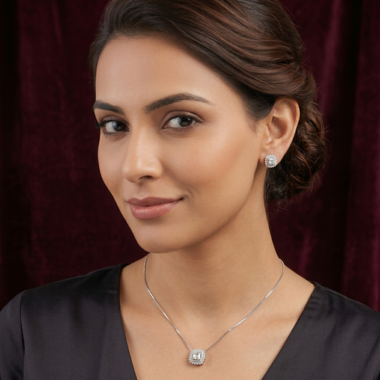 Brilliant Square Halo 925 Silver Pendant & Earring Set