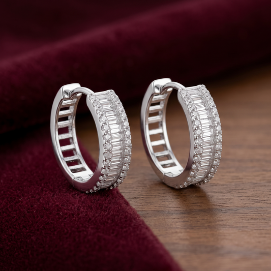 Imperial Baguette Silver Huggie Hoops