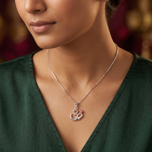 Ananta Minimalist Om Silver Pendant with Crimson Tilak in 925 Sterling Silver