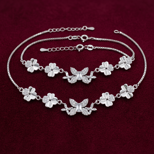 Majestic Butterfly & Clover Charm 925 Silver Anklet