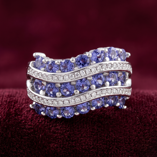 Imperial Wave Tanzanite & Diamond Statement Adjustable Band – Premium 925 Silver