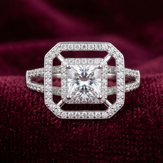 Imperial Princess Geometric Double Halo Ring – Premium 925 Silver