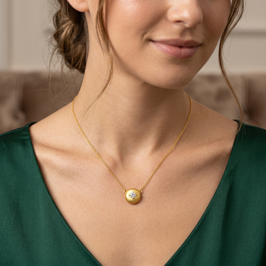 Brushed Gold Solitaire Medallion 925 Silver Necklace