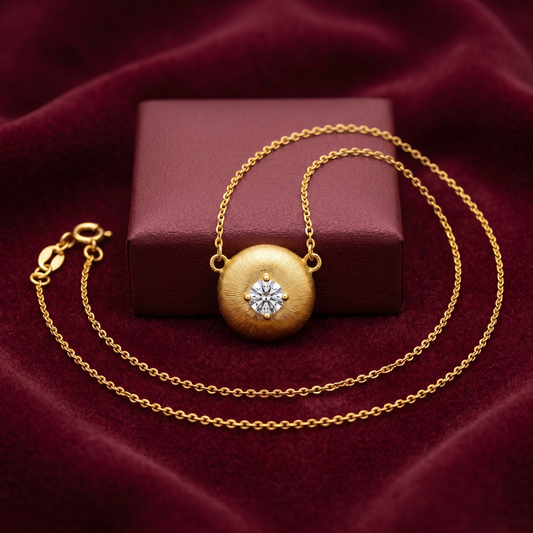 Brushed Gold Solitaire Medallion 925 Silver Necklace