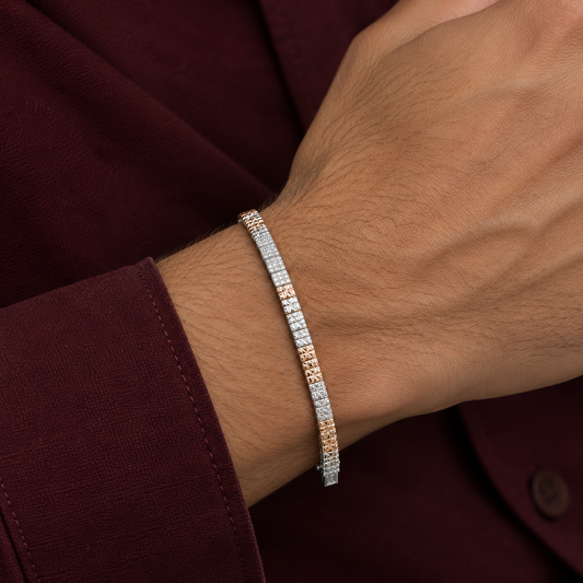 Two-Tone Pavé & Engraved Pattern 925 Sterling Silver Men's Bracelet