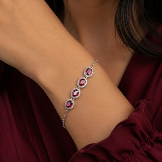 Ruby-Red Halo 925 Silver Bracelet