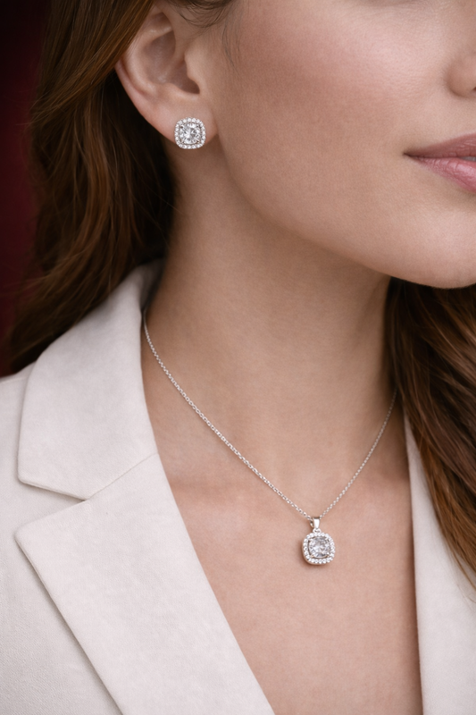 Cushion-Cut Halo 925 silver Pendant Set