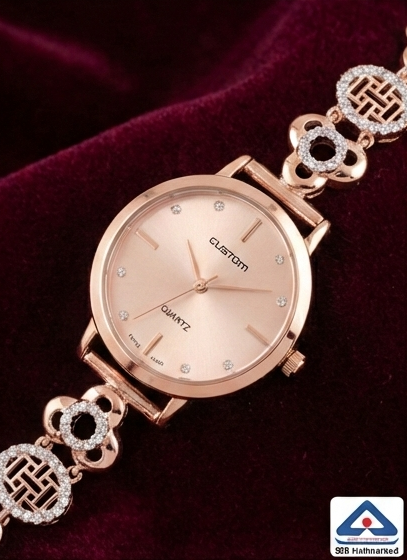 Rose Gold-Plated Geometric Jeweled 925 Silver Watch