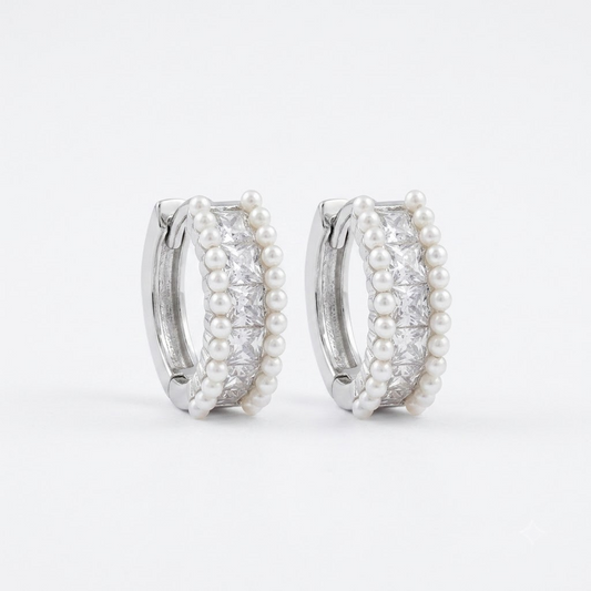 Pearl & Princess Cut Silver Huggie Hoops