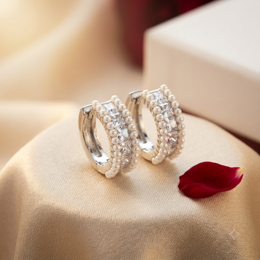 Pearl & Princess Cut Silver Huggie Hoops