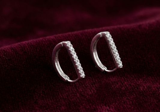 Sleek Pavé Bar Huggie Hoop 925 Silver Earrings