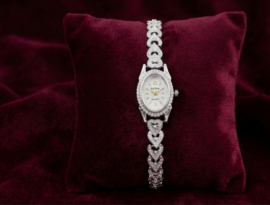 Romantic Heart-Link Jeweled 925 Silver Watch